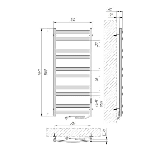 Sähköinen pyyhekuivain ATLANT (R3) 300W, 500x1200, Laris Ukraina, valkoinen