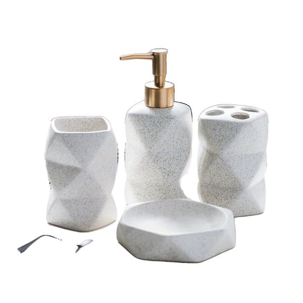 Lyxigt nordiskt keramikbadset, elegant lotiondispenser, stilfull munsköljskopp,Vit
