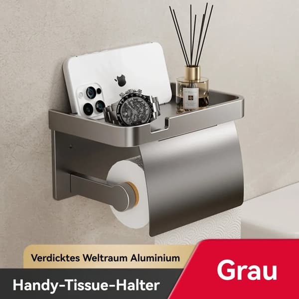 Toiletpapirholder, vægmonteret, ingen boring nødvendig, inkluderer hylde til smartphone,GRÅ