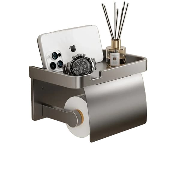 Toiletpapirholder, vægmonteret, ingen boring nødvendig, inkluderer hylde til smartphone,GRÅ