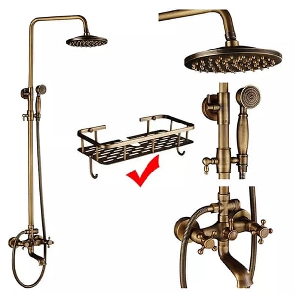 Antik mässing badrum duschset, dubbelhandtag, justerbar höjd 70-120cm,QT1 Hylla