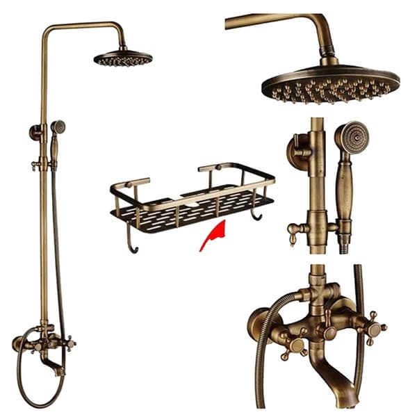 Antik mässing badrum duschset, dubbelhandtag, justerbar höjd 70-120cm,QT1 Hylla