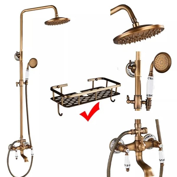 Antik mässing badrum duschset, dubbelhandtag, justerbar höjd 70-120cm,QHC1 Hylla