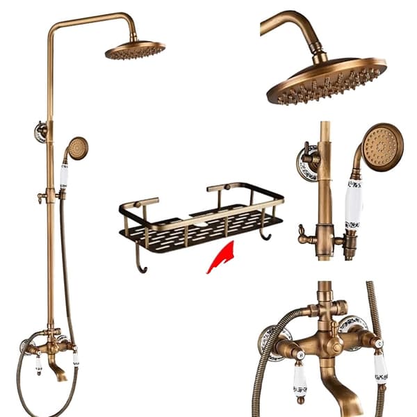 Antik mässing badrum duschset, dubbelhandtag, justerbar höjd 70-120cm,QHC1 Hylla