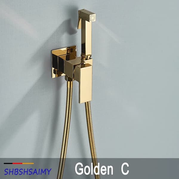 Badrum Bidet Kranar, Högtrycksspruta, Varm- och Kallvatten Blandare, Guld C