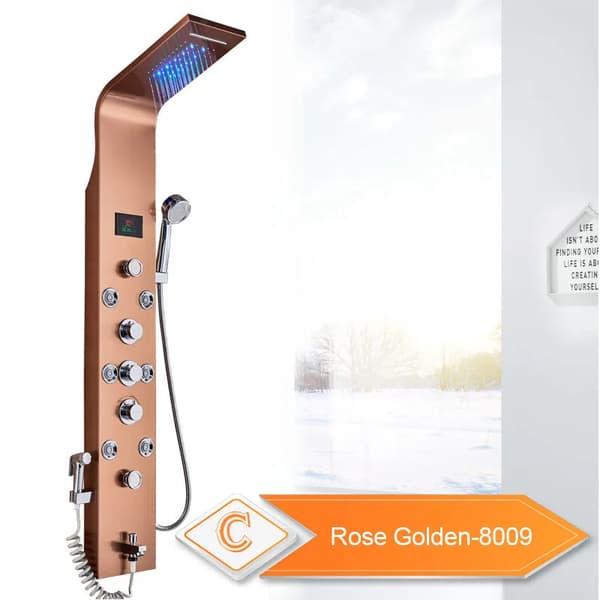 LED Badrum Duschpanel, 6 Lägen Intelligent LCD, Roséguld Regn Vattenfall, Rosguld 8009