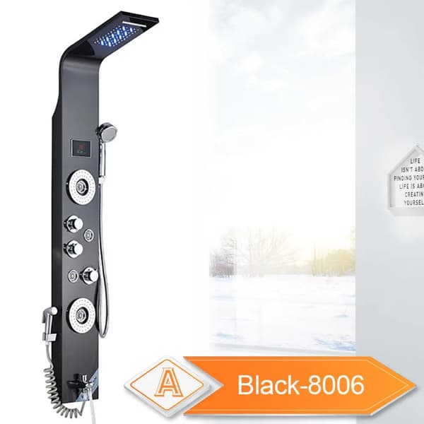 LED Badeværelse Brusepanel, 6 Tilstande Intelligent LCD, Rosaguld Regn Vandfald, Sort Bruser 8006