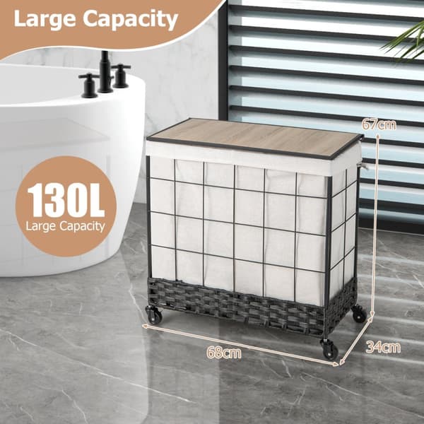 Vasketøjskurv, 110L/130L Stor Kapacitet Håndvævet Rattan Vasketøjskurv med Låg og Hjul med Lås-L, 68x34x67 cm, Sort