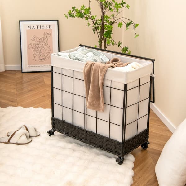 Vasketøjskurv, 110L/130L Stor Kapacitet Håndvævet Rattan Vasketøjskurv med Låg og Hjul med Lås-L, 68x34x67 cm, Sort