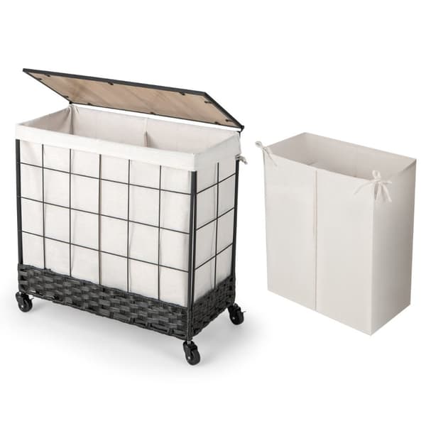 Vasketøjskurv, 110L/130L Stor Kapacitet Håndvævet Rattan Vasketøjskurv med Låg og Hjul med Lås-L, 68x34x67 cm, Sort