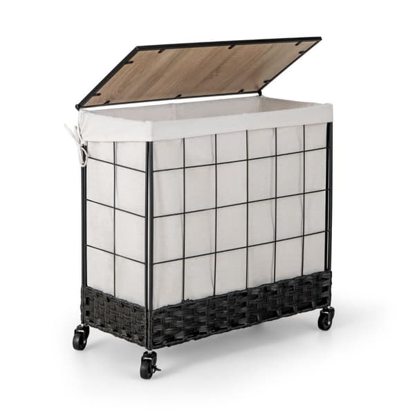 Vasketøjskurv, 110L/130L Stor Kapacitet Håndvævet Rattan Vasketøjskurv med Låg og Hjul med Lås-L, 68x34x67 cm, Sort