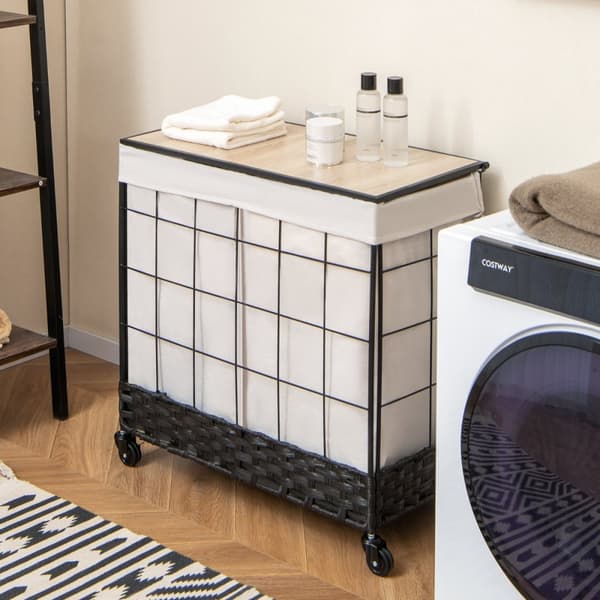 Vasketøjskurv, 110L/130L Stor Kapacitet Håndvævet Rattan Vasketøjskurv med Låg og Hjul med Lås-L, 68x34x67 cm, Sort