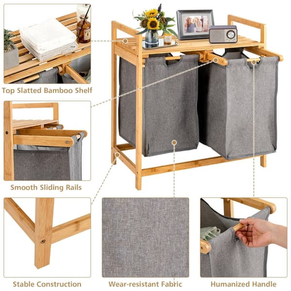Tvådelad tvättkorg i bambu med två sektioner, 64x33x73 cm, vit
