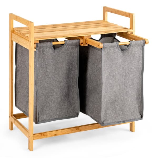 Tvådelad tvättkorg i bambu med två sektioner, 64x33x73 cm, vit