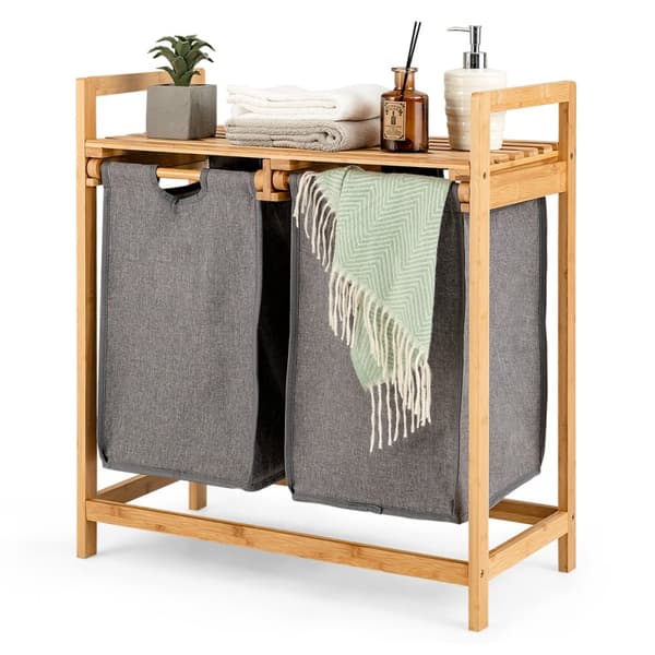 Tvådelad tvättkorg i bambu med två sektioner, 64x33x73 cm, vit