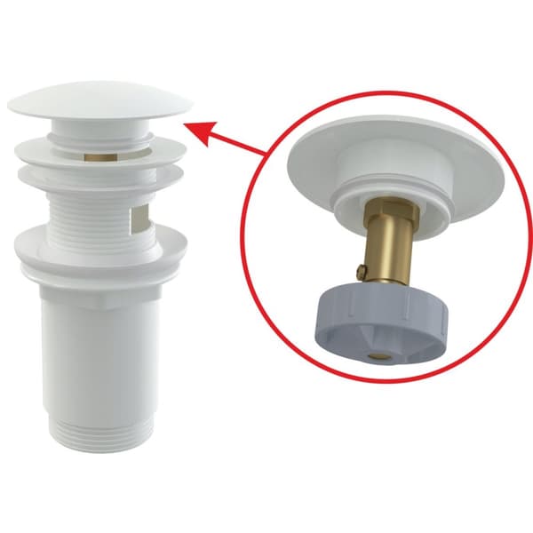 Clik-Clak 5/4 metallavlopp för tvättställ med bräddavlopp, stor propp, vit