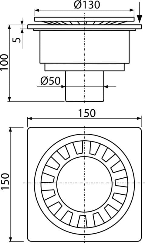 Afløbsrist 150x150/50 mm, lodret afløb, grå rist, våd sifon