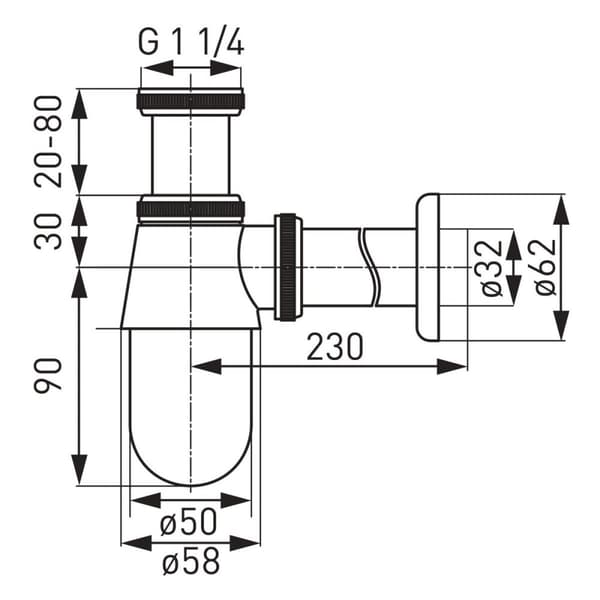 Pullosifoni G 1.1/4" x 32 mm ruusukkeella, krominen säädettävä viemäriputki jopa 320 mm Onnline