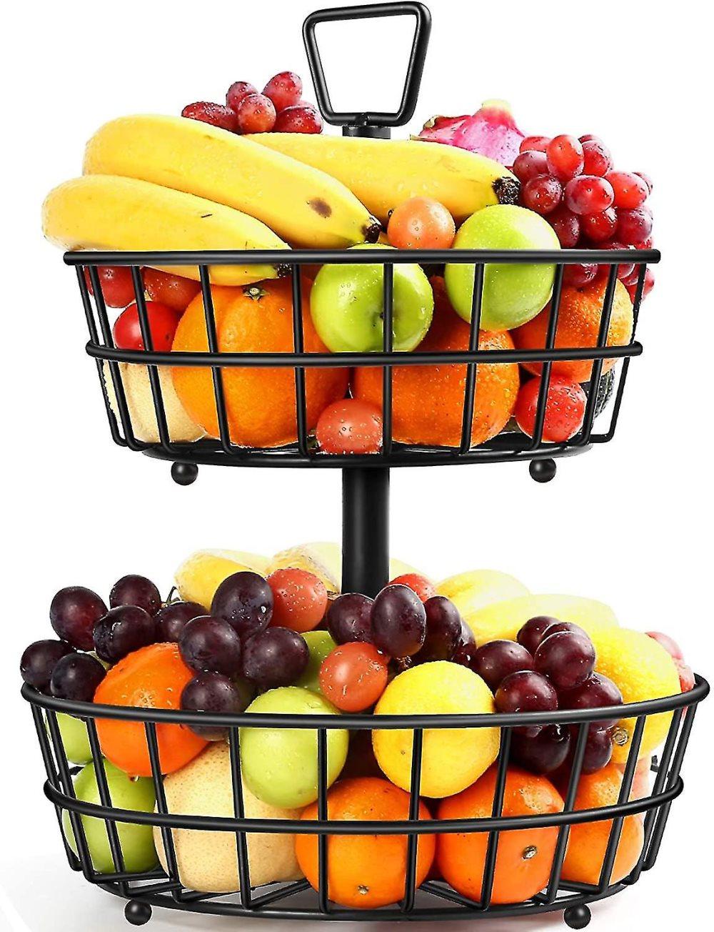 2-tier Fruit Basket Metal Fruit Bowl Bread Baskets Detachable Fruit Holder Produce Basket Large Fruit Stand Organizer Kitchen Storage