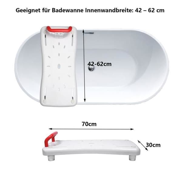 XMTECH Badkarssits och hylla med rött handtag, halkfri plastyta 70x30x5cm, vit