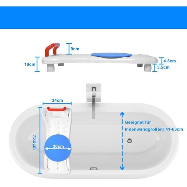 XMTECH Badkarssits och hylla med 360° skivspelare, halkfri plastyta 75,5x34x10 cm, röd