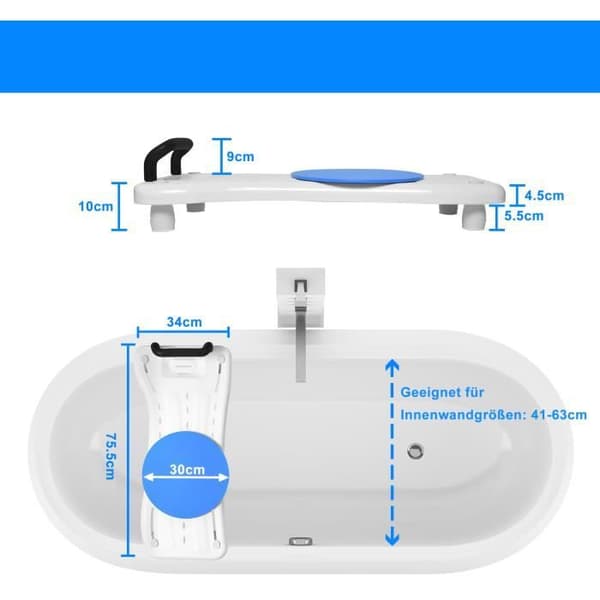XMTECH Badkarssits och hylla med 360° skivspelare, halkfri plastyta 75,5x34x10cm, svart