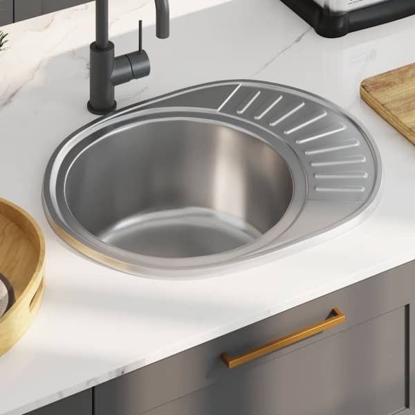 vidaXL køkkenvask med strainer og vandlås oval rustfrit stål