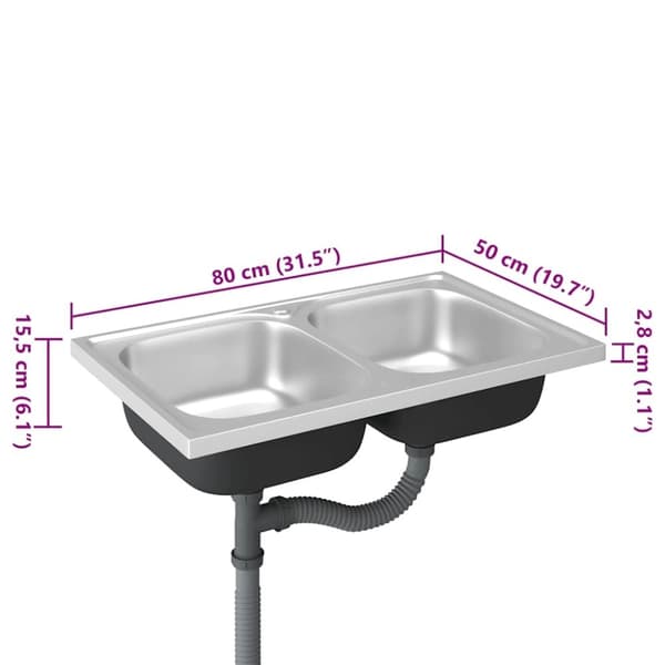 vidaXL køkkenvask med 2 bassiner 800x500x155 mm rustfrit stål sølv