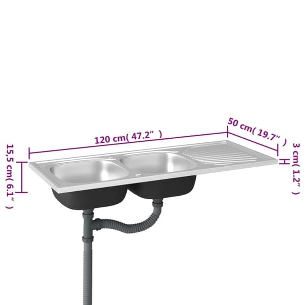 vidaXL køkkenvask med 2 bassiner 1200x500x155 mm rustfrit stål sølv