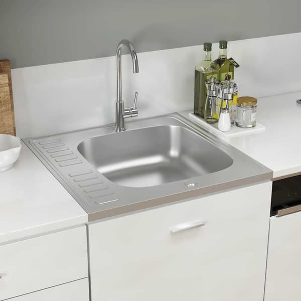 vidaXL køkkenvask med afløbssæt 600x600x155 mm rustfrit stål sølv