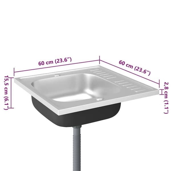 vidaXL køkkenvask med afløbssæt 600x600x155 mm rustfrit stål sølv