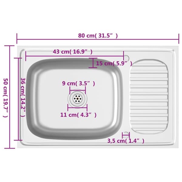 vidaXL køkkenvask med afløbssæt 800x500x155 mm rustfrit stål sølv