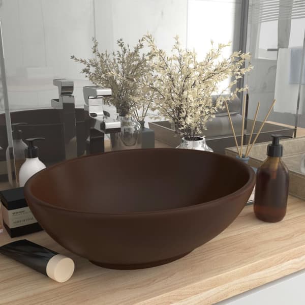 vidaXL luksuriøs håndvask 40x33 cm keramisk oval mat mørkebrun -  Badeværelsesvaske