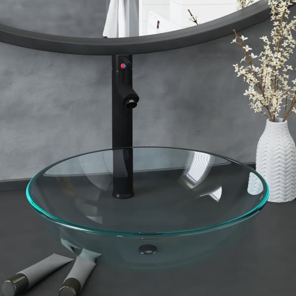 vidaXL Handfat med kran och bottenventil klart härdat glas - Handfat