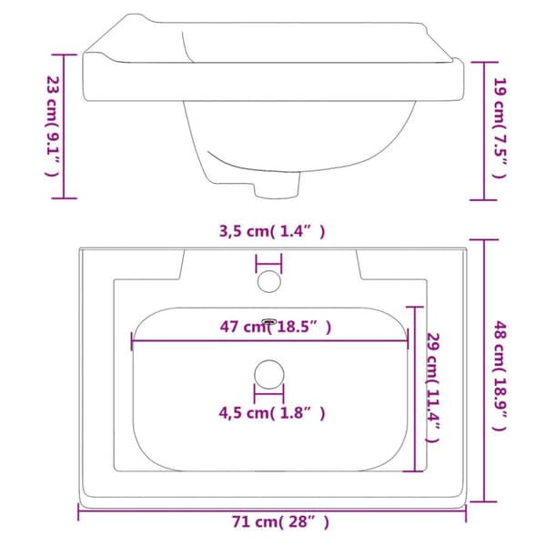 vidaXL badeværelsesvask 71x48x23 cm rektangulær keramisk hvid -  Badeværelsesvaske