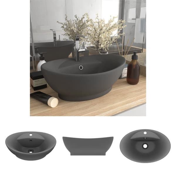 The Living Store luksuriøs håndvask overløb 58,5x39 cm keramik oval mat mørkegrå -  Badeværelsesvaske