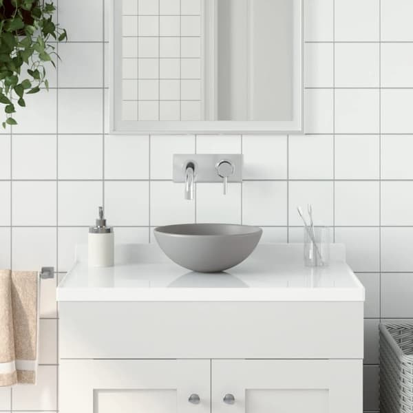 The Living Store keramisk håndvask til badeværelse rund lysegrå -  Badeværelsesvaske