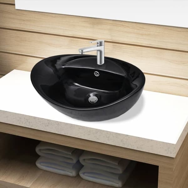 Badeværelsesvaske - Keramisk badeværelsesvask basin vandhane/overfyldningshul sort oval