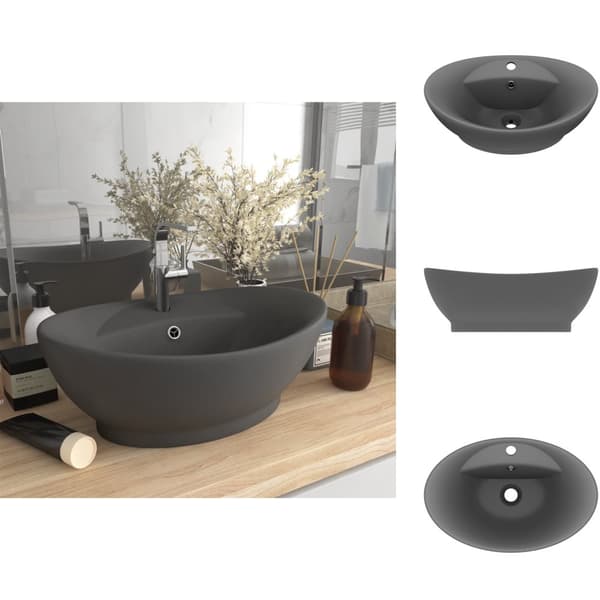 Badeværelsesvaske - Living luksuriøs håndvask overløb 58,5x39 cm keramik oval mat mørkegrå