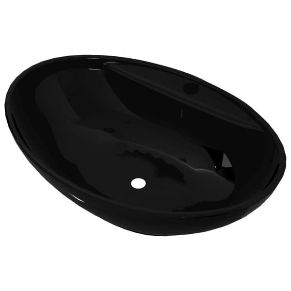 Keramisk badeværelsesvask basin vandhane/overfyldningshul sort oval -  - Home & Living