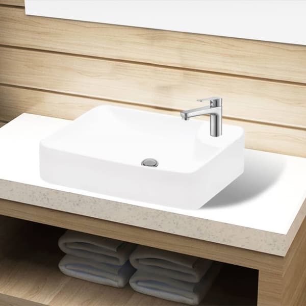 Keramisk badeværelsesvask basin med vandhanehul hvid -  - Home & Living