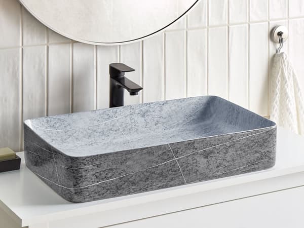 Håndvask til badeværelse, grå keramik, rektangulær 61 x 35 cm, industriel stil badeværelse