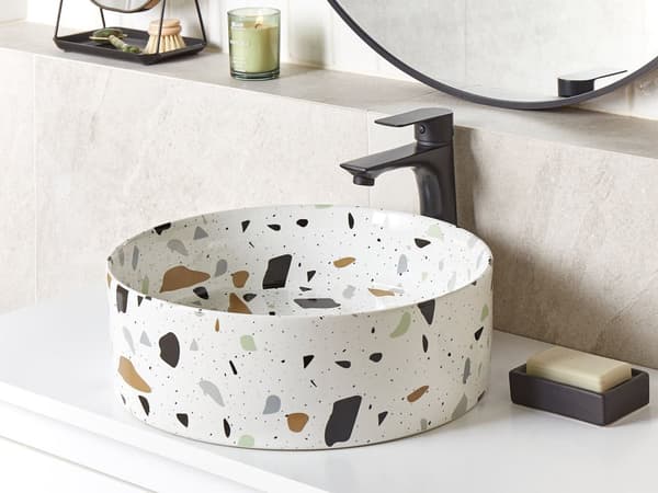 Håndvask hvid keramik ⌀ 40 x 10 cm terrazzomønster rund med prop moderne retrostil