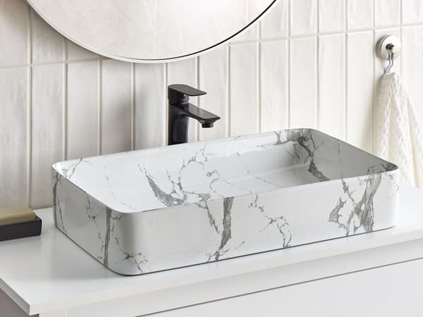 Tvättställ Vit Keramik Marmormönster 62 x 35 cm Rektangulär form Badrum Handfat Modern Stil Design Toalett