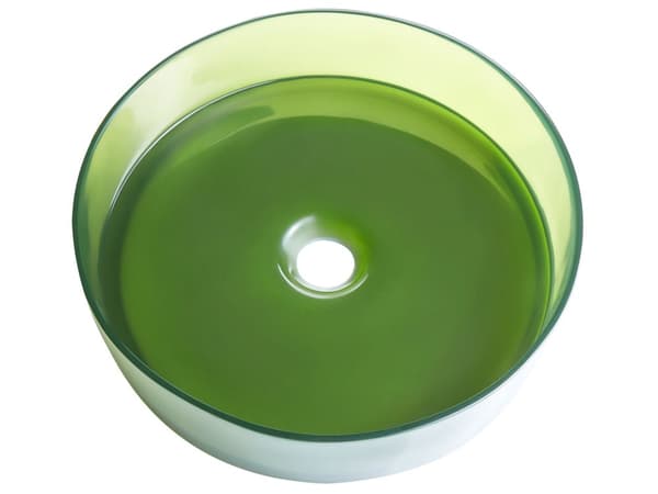 Benkeplatevask Grønn Solid Surface 360 mm halvtransparent, rund baderomsservant med gul overflate