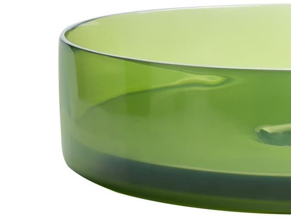 Benkeplatevask Grønn Solid Surface 360 mm halvtransparent, rund baderomsservant med gul overflate