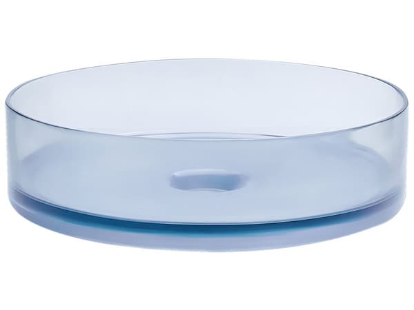 Benkeplatevask Blå Solid Surface 360 mm halvtransparent, rund baderomsservant med gul overflate