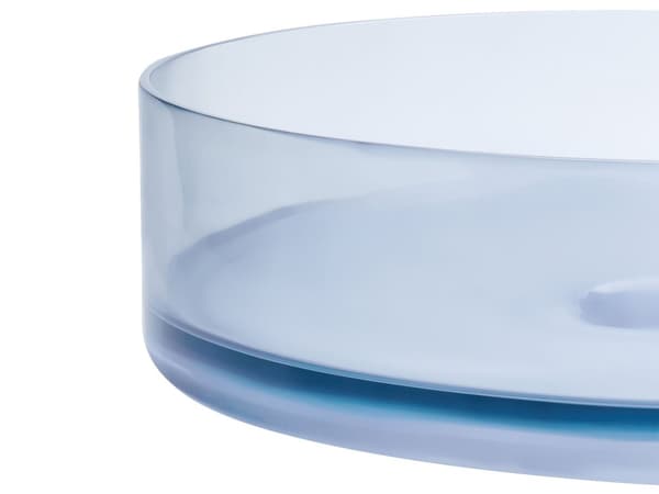 Benkeplatevask Blå Solid Surface 360 mm halvtransparent, rund baderomsservant med gul overflate