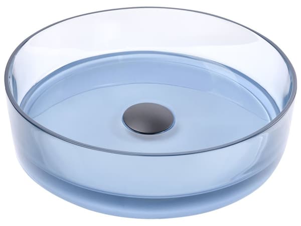 Benkeplatevask Blå Solid Surface 360 mm halvtransparent, rund baderomsservant med gul overflate