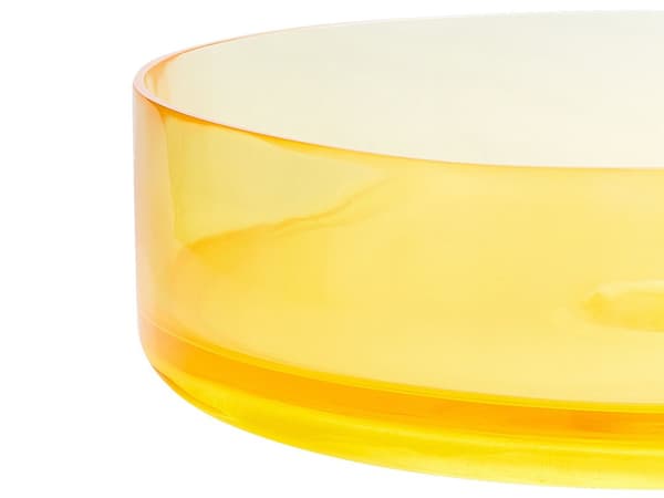 Benkeplatevask Gul Solid Surface 360 mm halvtransparent, rund baderomsservant med gul overflate